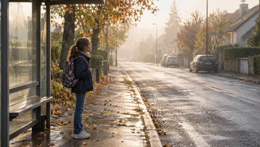Une enfant avec son cartable attend seule le bus, un matin d'automne
