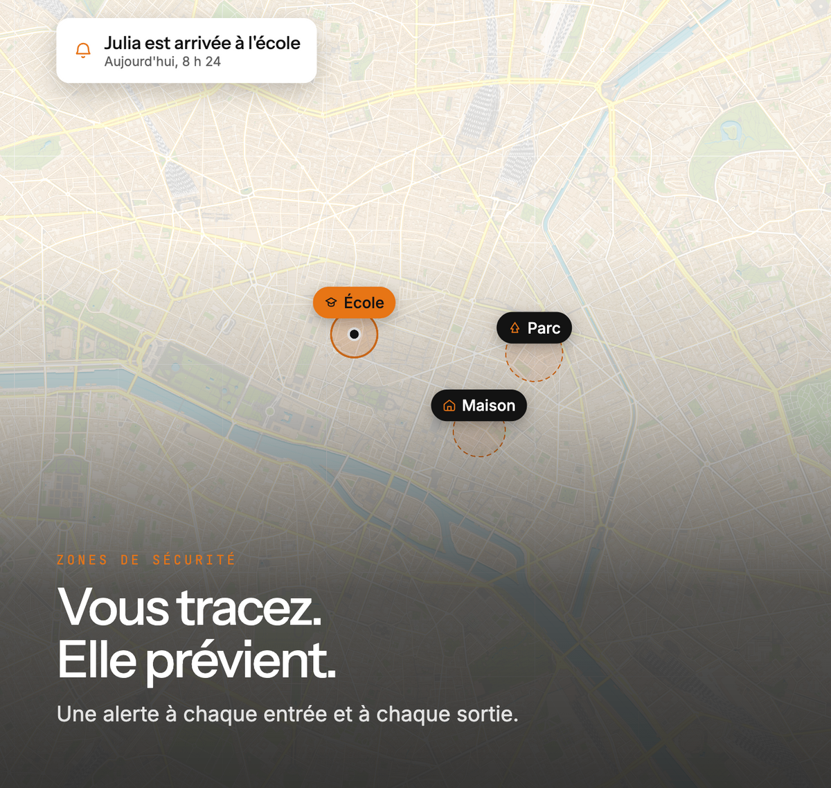 Zones de sécurité ARKO Kids sur une carte : école, maison et parc