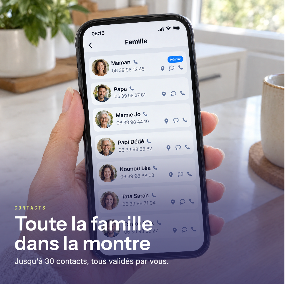 Liste des contacts famille de la montre ARKO Kids A2 dans l'application parents