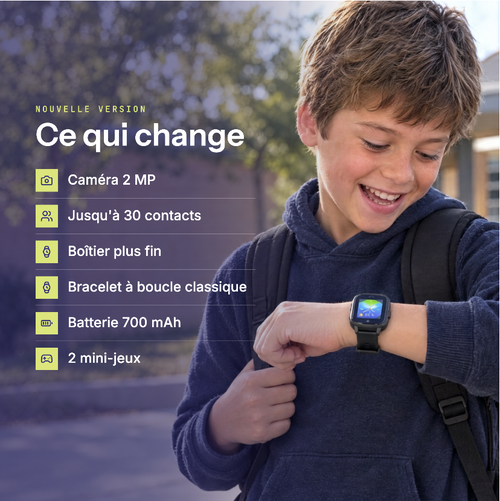 Ce qui change sur l'ARKO Kids A2 : caméra 2 MP, 30 contacts, boîtier plus fin, batterie 700 mAh