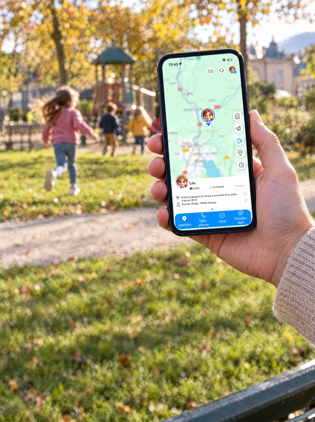 Parent qui suit la position de son enfant au parc sur l'application de la montre ARKO Kids
