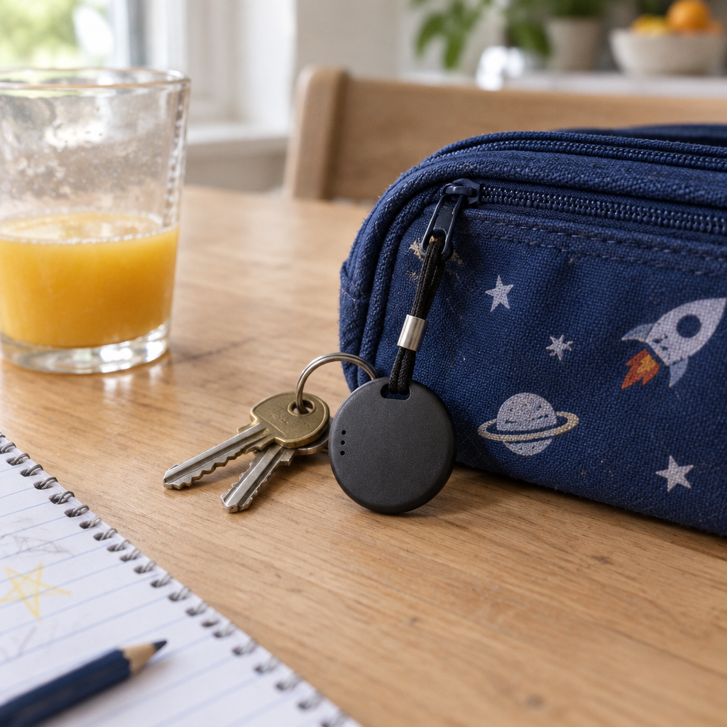 Traceur accroché à une trousse et à un trousseau de clés sur une table de cuisine